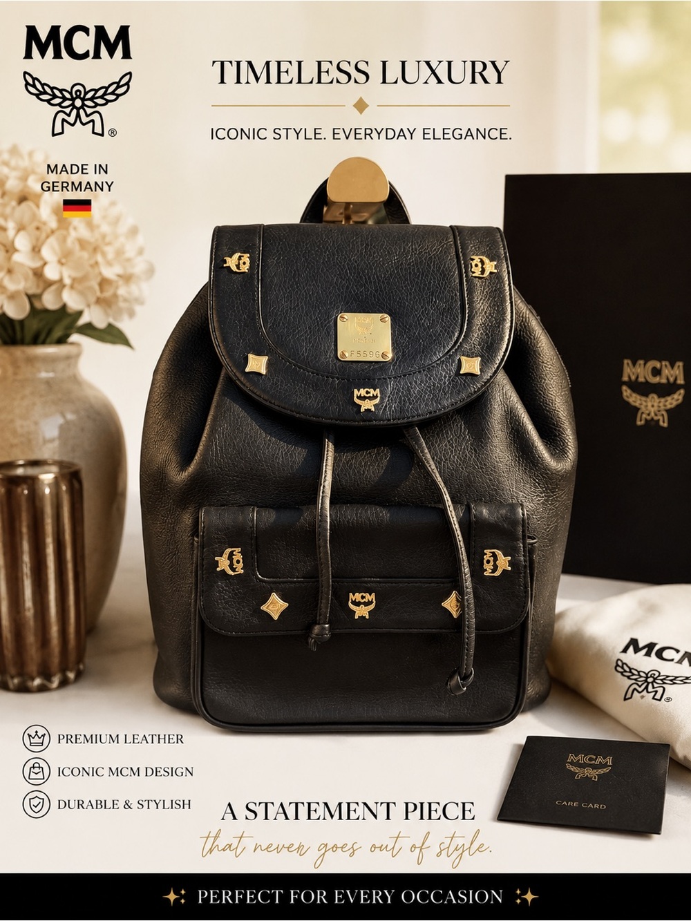 MCM Vintage Black Pebbled Leather Heritage Drawstring Backpack. Michael Cromer